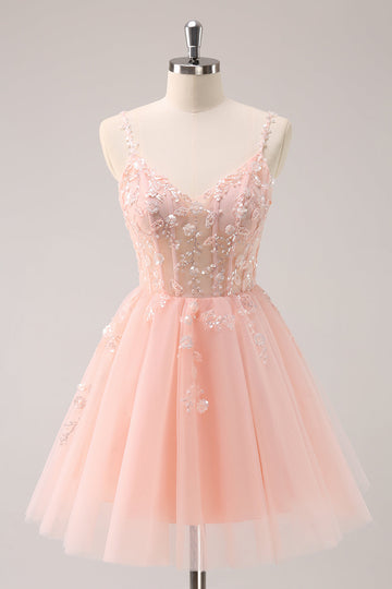 A Line Blush Spaghetti Straps Tulle Corset Sequins Cocktail Dress with Appliques